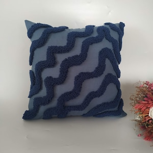 Hand Tufted Wavy Throw Pillow Cover, Punch Needle Embroidery Abstract Pillow Cover,  Blue Vibrant Wavy Lines  Cushion