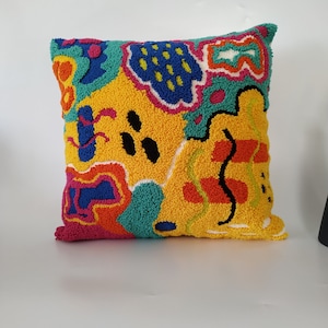 Hand Tufted Abstract Pillow, Colorful Punch Needle Cushion Cover, Decorative Embroidered Pillow Cover