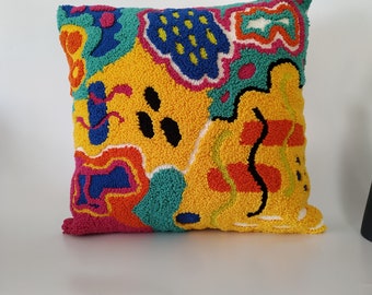 Hand Tufted Abstract Pillow, Colorful Punch Needle Cushion Cover, Decorative Embroidered Pillow Cover