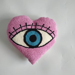 Heart Shape Pink Punch Needle Throw Pillow, Hand Tufted Evil Eye Cushion Cover, Heart Girl Room Decorative Pillow