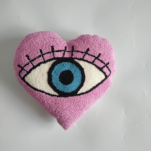 Heart Shape Pink Punch Needle Throw Pillow, Hand Tufted Evil Eye Cushion Cover, Heart Girl Room Decorative Pillow