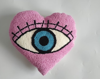 Herzform Pink Punch Needle Dekokissen, Hand getuftet Evil Eye Kissenbezug, Herz Mädchen Raum dekoratives Kissen