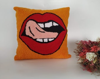 Hand Tufted  Hot Red Lips Throw Pillow, Punch Needle Kiss me Cushion Cover, Valentine's Day Gift, Sexy Sculpted Lips Decor