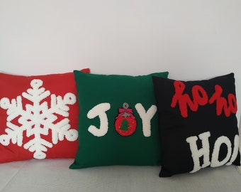 Christmas Pillows Set, Snowflake Pillow Cover, Ho Ho Ho Punch Needle Cushion, Joy Pattern Pillowcase