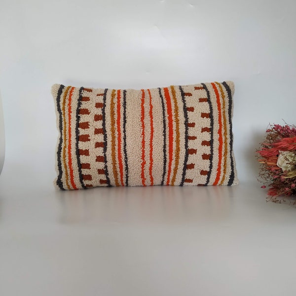 Hand Tufted Beige striped Pillow Cover, Punch Needle Throw Cushion, Living Room Decorative