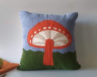 Hand Tufted Mushroom Pillow Cover, Punch Needle Decorative Cushion, Magic Mushroom Home Decor, Girl Room Decor