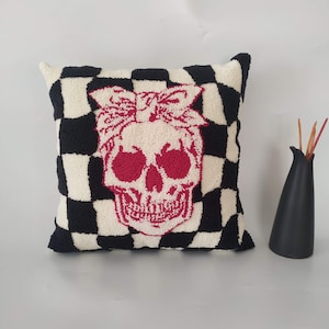Hand Tufted Skull Pillow: Checkered Punch Needle Cushion Cover