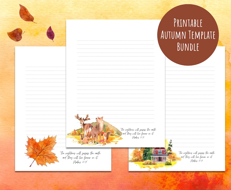 JW Autumn Letter Writing Templates Text Psalm 37:29 Lines & No Lines image 1