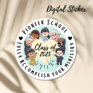Design d'autocollant numérique pour école pionnière 2025 | Anglais et espagnol | Cadeaux de pionnier | Cadeaux JW | Accomplir pleinement votre ministère | Autocollants JW|
