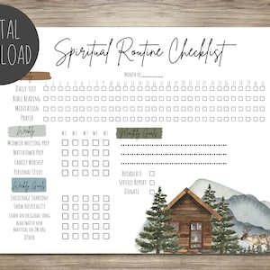 Puede incluir: Una lista de verificación imprimible para la rutina espiritual con una ilustración de acuarela de una cabaña en el bosque. La lista de verificación incluye objetivos diarios, semanales y mensuales.