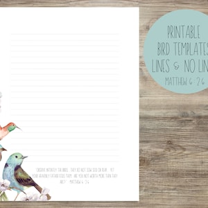 Plantilla para escribir cartas de pájaros / Texto bíblico Mateo 6:26 / ¿Vales más que ellos? / Español & Inglés / Líneas y Sin Líneas