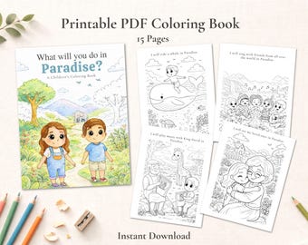 Puede incluir: Un libro para colorear en PDF imprimible para niños con 15 páginas. La portada presenta a dos niños en un camino con el texto "What will you do in Paradise?". En el interior, hay ilustraciones de niños con una ballena, amigos y seres queridos.