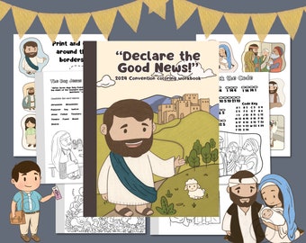May include: A collection of coloring workbooks with illustrations of biblical scenes. The central book cover reads "Declare the Good News!" and "2024 Convention coloring workbook." Other pages include images of Jesus, sheep, and biblical figures. The color palette is soft and inviting.
