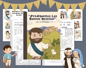 May include: A colorful illustrated children's book titled "¡Prediquemos Las Buenas Noticias!" with a picture of Jesus on the cover. The book includes activities and coloring pages.