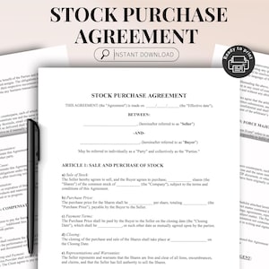 Könnte beinhalten: Ein gedrucktes Aktienkaufvertragsdokument mit dem Titel "STOCK PURCHASE AGREEMENT" oben. Das Dokument ist auf weißem Papier mit schwarzem Text und ein schwarzer Stift befindet sich auf der linken Seite. Das Dokument ist druckfertig.