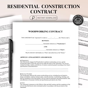 以下が含まれることがあります： 黒いペンが、白い木工契約書の束の上に置かれています。契約書には「Woodworking Contract」と「Residential Construction Contract」の文字が記載されています。「Ready to print」のアイコンが表示されています。