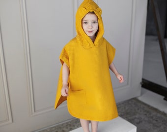 Mustard Beach Poncho Kids, Hooded Beach Towel for Toddlers, Hooded cover up, Waffle cotton Poncho, Bath poncho, Kids poncho with arms holes