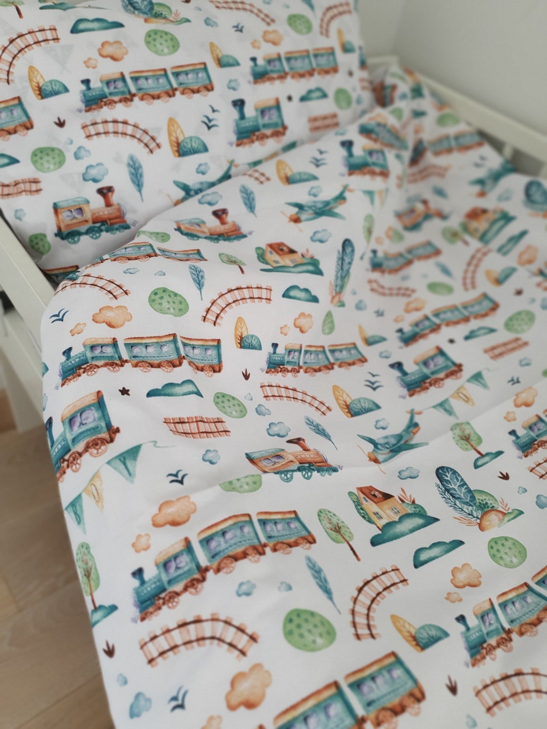 100 Cotton Duvet and Pillow Covers, Baby Bedding With Trains, Bedding