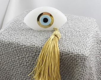 Ornament boze oog: acryl nazar-decor amulet met gouden kwastje