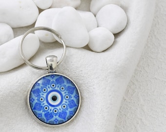 Evil Eye Mandala Key Ring Blue Greek Mati Nazar Glass Cabochon Keychain Keyring
