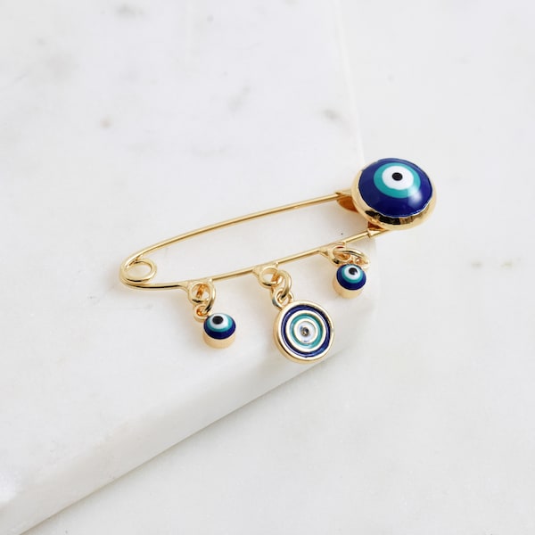 Evil Eye Greek Mati Nazar Enamel Gold Baby Pin Blue Protection Lucky Charm Brooch for Baby