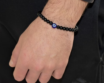 Evil Eye Stretch Bracelet- Black Agate Bead- Protection Unisex Bracelet