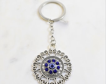 Evil Eye Metal Keyring Greek Mati Turkish Nazar Blue Round Silver Key Ring Keychain