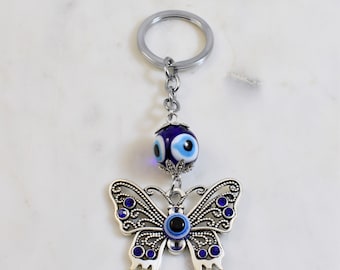 Butterfly Evil Eye Keyring: Greek Nazar Mati Blue Crystal Keychain