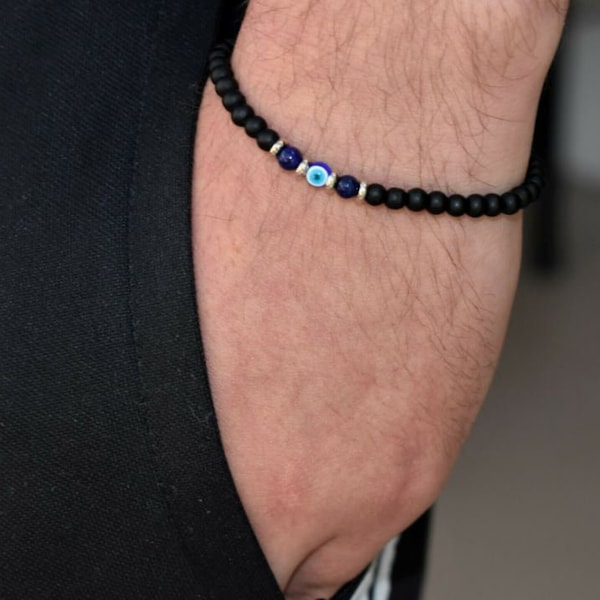 Evil Eye Greek Turkish Black Obsidian Lapis Blue Real Stone Bead Stretch Elastic Mens Womens Unisex Bracelet