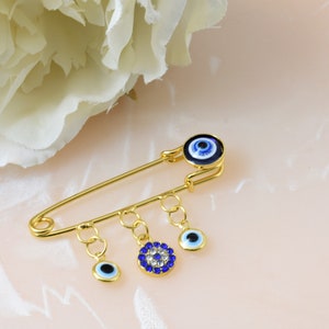 Evil Eye Large Greek Mati Nazar Gold Baby Pin Blue Protection Lucky Charms Brooch Safety Pin for Baby