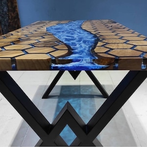 Zeshoekige honingraat | Aangepaste oceaantafel | Live Edge Epoxy Oceaantafel | Eettafel van epoxy | Tafel van natuurlijk notenhout | Express gratis verzending