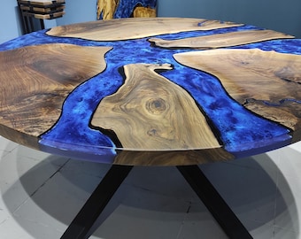 Custom Walnut Ocean Epoxy Resin Dining Table: Round Table Top
