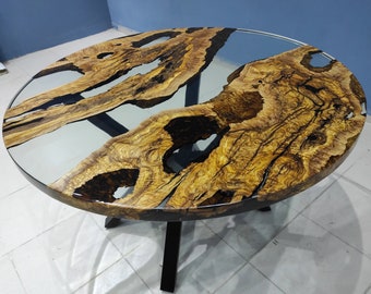 Custom Order Diameter, Round Olive Wood, Clear Epoxy Dining Table, Epoxy Coffee Table,Dining Room Table, Office Desk - Diameter Epoxy Table