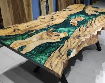 Live Edge Olive Wood Dining Table, Emerald Green Epoxy Resin Table,  Office Desk