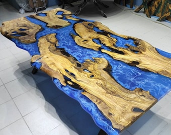 Live Edge Olive Wood Epoxy Table: Ocean Blue River Design