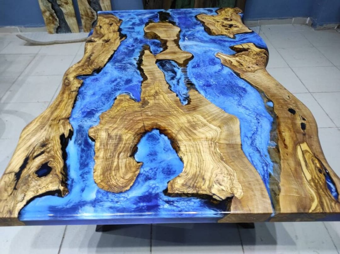 Living Room River Ocean Epoxy Table, Live Edge Olivee Tree Resin Table