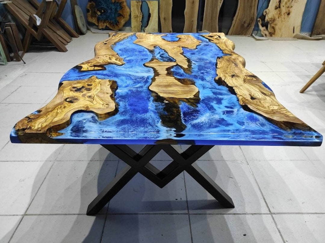 Living Room River Ocean Epoxy Table, Live Edge Olivee Tree Resin Table