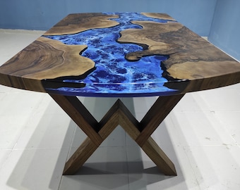 Custom Walnut Resin River Table: Epoxy Dining Table Top