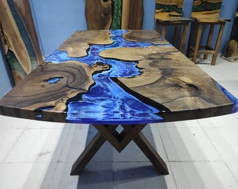 Custom Walnut Epoxy Resin Table: Living Edge Ocean River Design