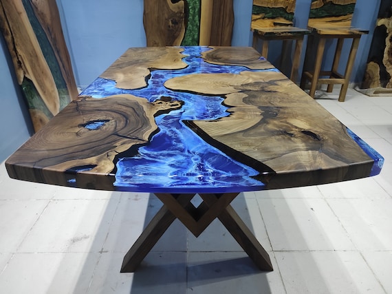 Grey River Epoxy Table Top / Large Rectangular Wood Table / Wooden