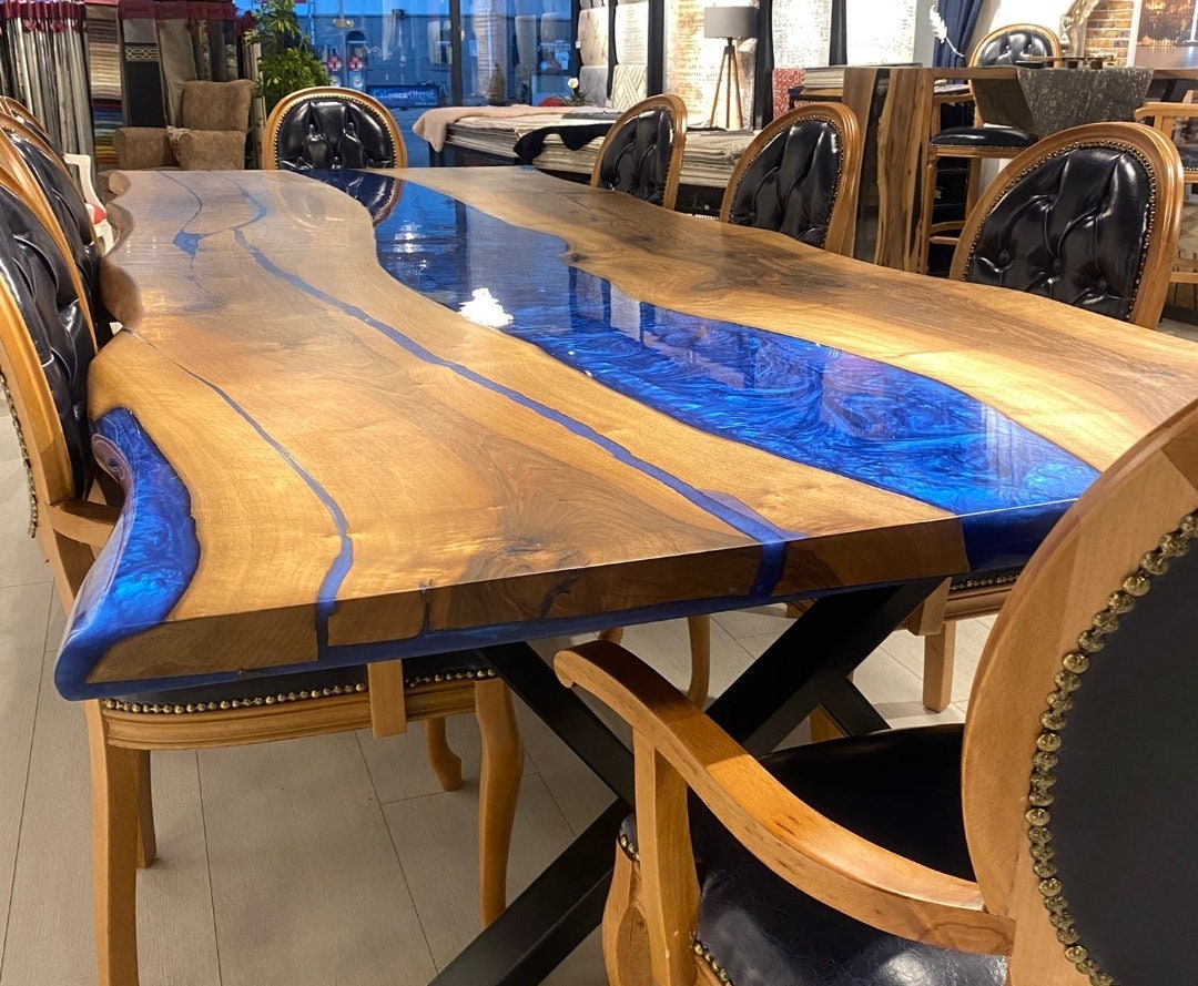 Custom Order Walnut Blue Epoxy Table, Live Edge Dining Table, Epoxy