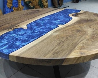 Custom Round Coffee Table, Blue Epoxy Resin Table, Edge River End Table, Side Circle, Walnut Wood Slab, Diameter Resin Table, Dining Table