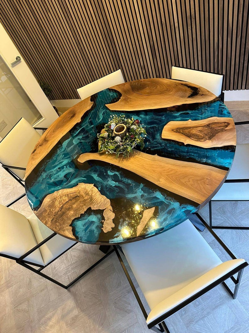 Custom Order Walnut Tree Diameter Round Turquoise White River Epoxy Table-Ocean Table Dining Table Coffee Table Office Table Live Edge image 4