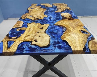 Custom Olive Wood River Dining Table: Ocean Blue Epoxy Resin