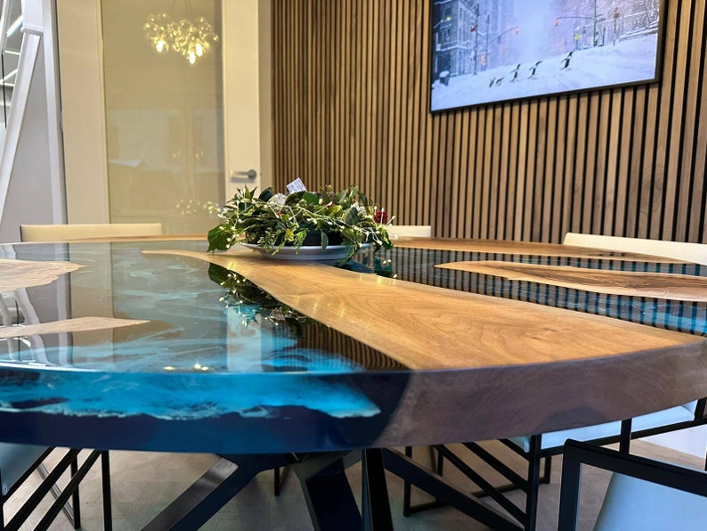 Custom Walnut Round Epoxy Table: Turquoise River Design image 5