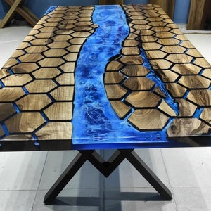 Custom Order Hexagon Honeycomb Ocean River epoxyhars eettafel - donkere walnoot epoxy tafel - keuken epoxy tafelblad Express gratis verzending