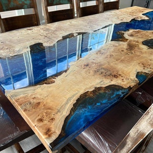 Handmade River Epoxy Resin Table: Blue White Walnut Dining Table