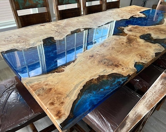 Handmade River Epoxy Resin Table: Blue White Walnut Dining Table