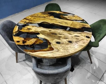 Custom 52&quot; Round Olive Wood Epoxy Dining Table