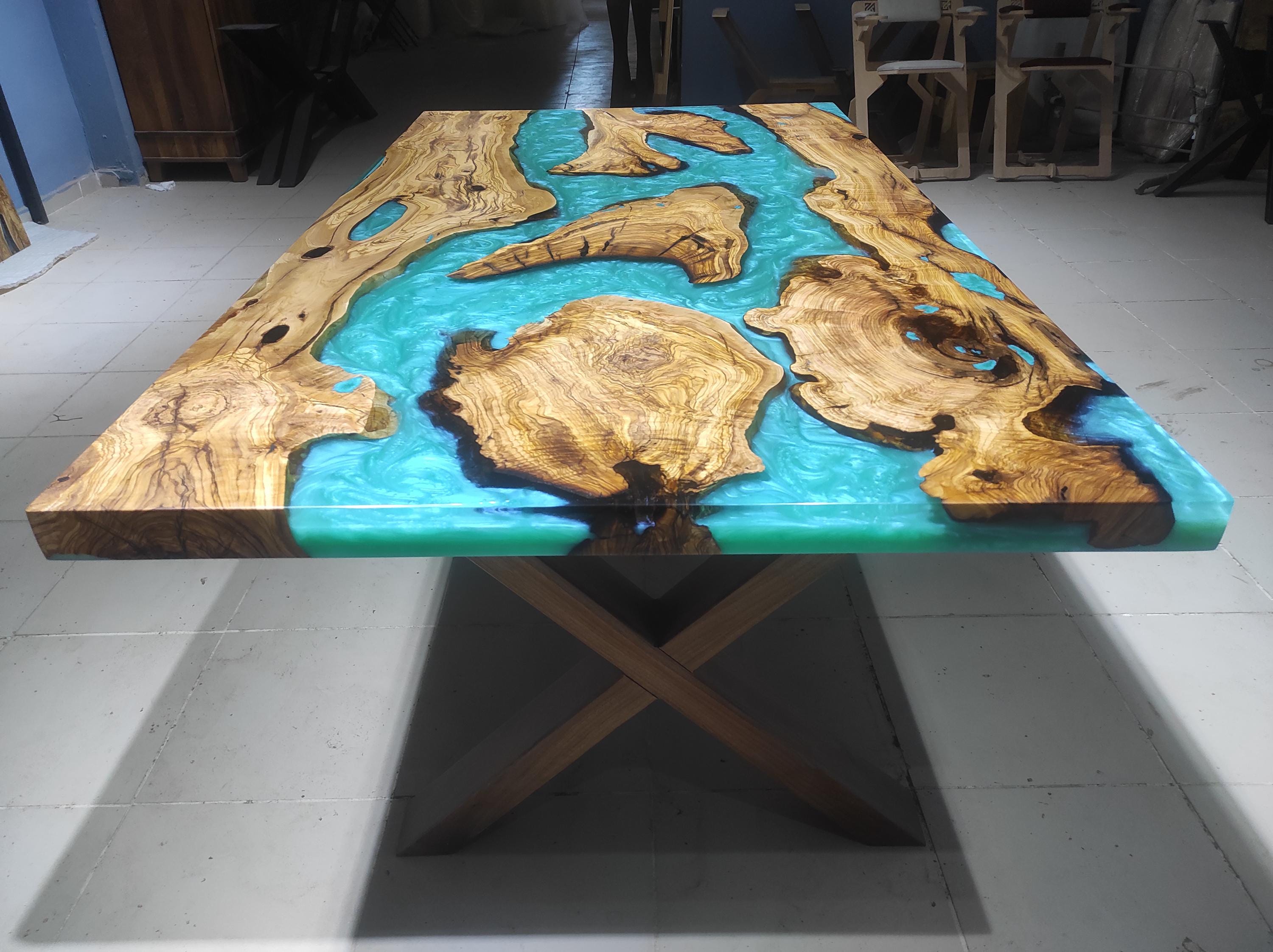 Handmade Olive Wood Epoxy Resin Dining Table: Live Edge River Table